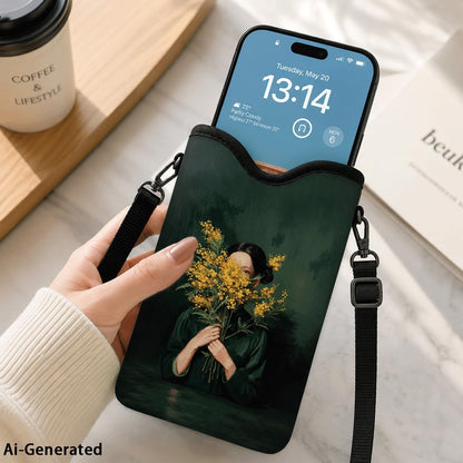 Neoprene Phone Sleeve Pouch Case Bag for Women Men with Crossbody Strap, 7.1x3.9 in, Shockproof Black Cat Mobile Protection Case Bag with Neck Lanyard, Black Cat Garden, Gift for Cats Lovers - Colors B