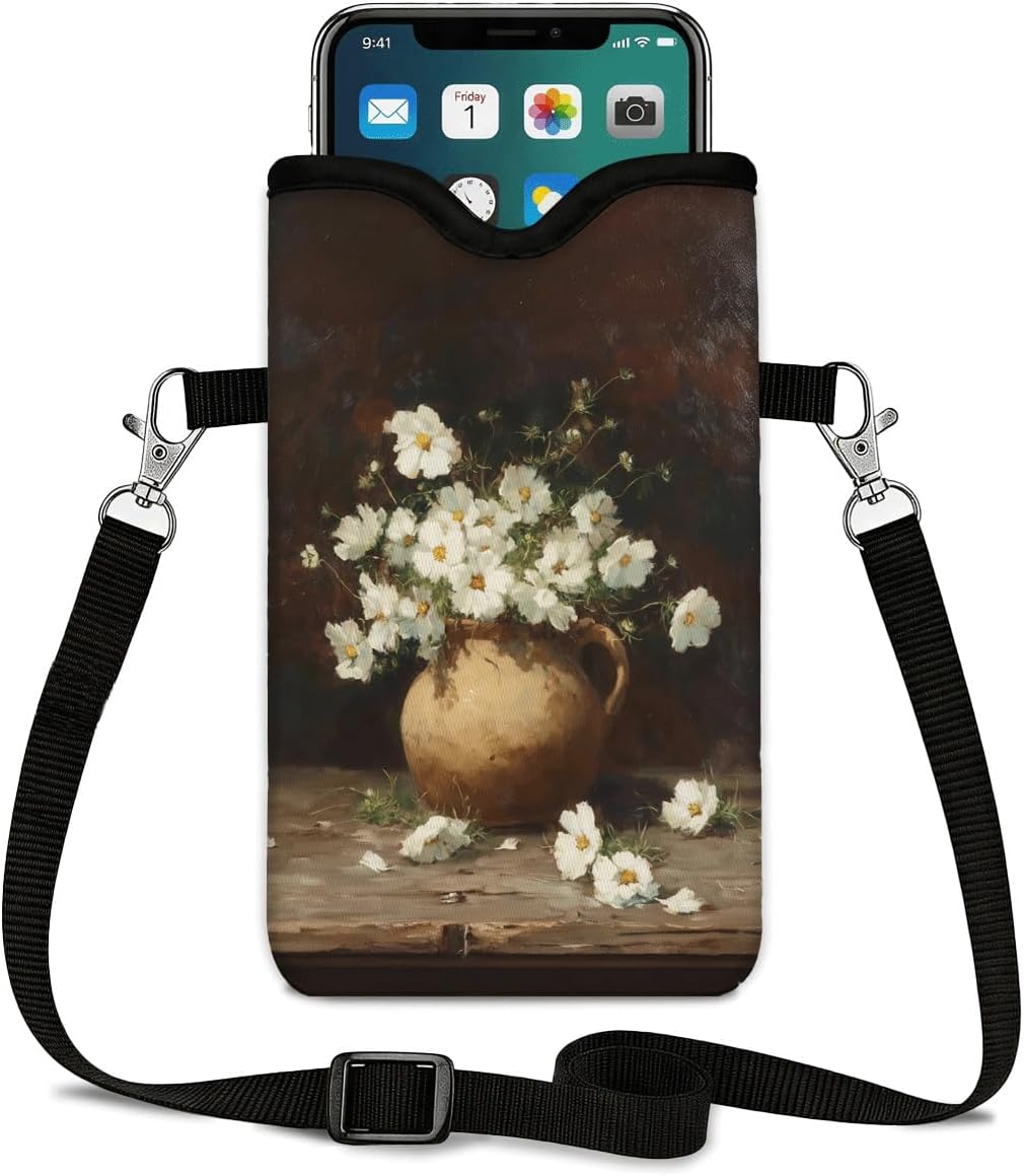 Neoprene Phone Sleeve Pouch Case Bag for Women Men with Crossbody Strap, 7.1x3.9 in, Shockproof Black Cat Mobile Protection Case Bag with Neck Lanyard, Black Cat Garden, Gift for Cats Lovers - Colors B