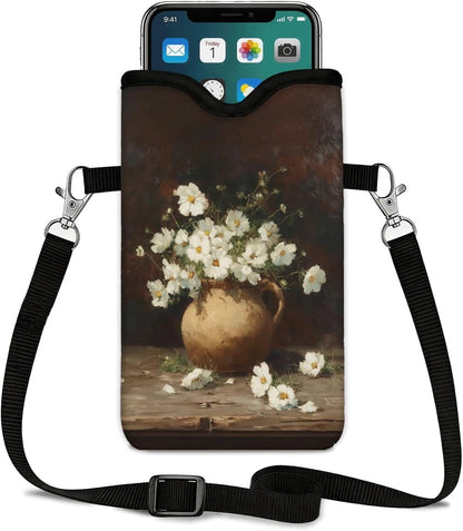 Neoprene Phone Sleeve Pouch Case Bag for Women Men with Crossbody Strap, 7.1x3.9 in, Shockproof Black Cat Mobile Protection Case Bag with Neck Lanyard, Black Cat Garden, Gift for Cats Lovers - Colors B