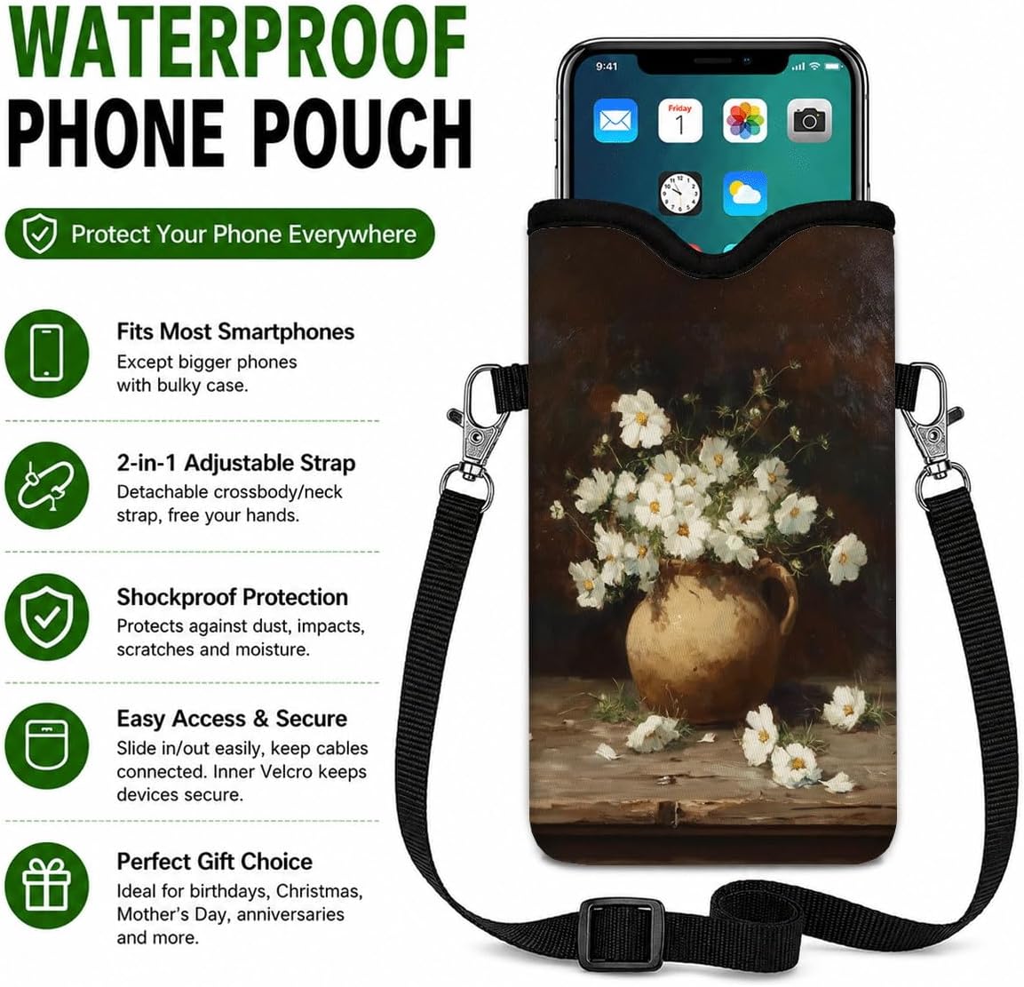 Neoprene Phone Sleeve Pouch Case Bag for Women Men with Crossbody Strap, 7.1x3.9 in, Shockproof Black Cat Mobile Protection Case Bag with Neck Lanyard, Black Cat Garden, Gift for Cats Lovers - Colors B
