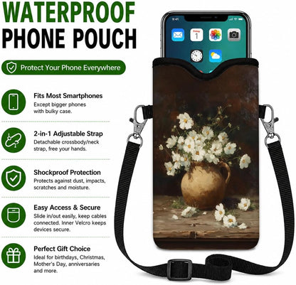 Neoprene Phone Sleeve Pouch Case Bag for Women Men with Crossbody Strap, 7.1x3.9 in, Shockproof Black Cat Mobile Protection Case Bag with Neck Lanyard, Black Cat Garden, Gift for Cats Lovers - Colors B