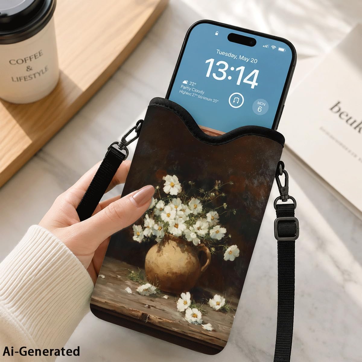 Neoprene Phone Sleeve Pouch Case Bag for Women Men with Crossbody Strap, 7.1x3.9 in, Shockproof Black Cat Mobile Protection Case Bag with Neck Lanyard, Black Cat Garden, Gift for Cats Lovers - Colors B