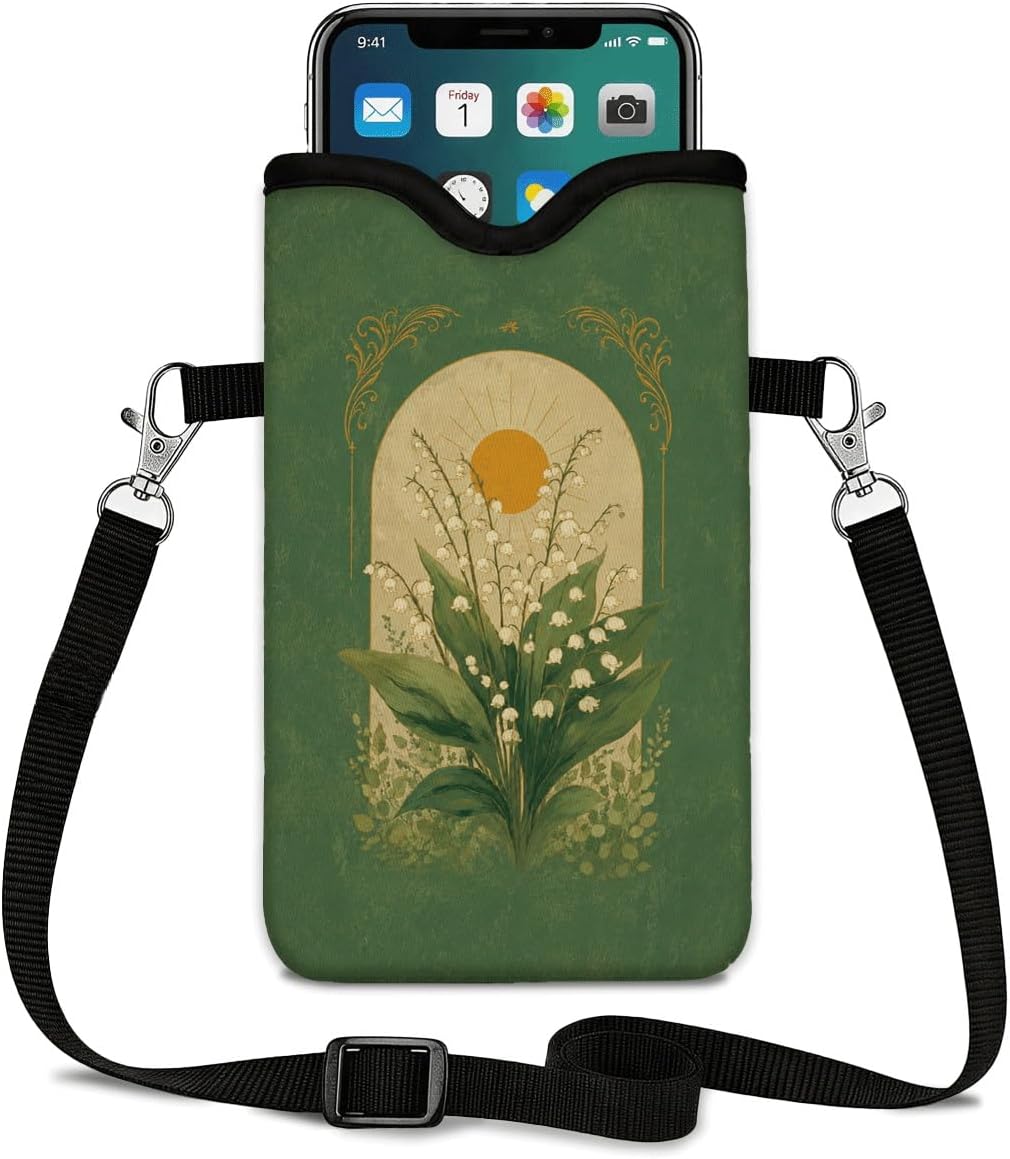 Neoprene Phone Sleeve Pouch Case Bag for Women Men with Crossbody Strap, 7.1x3.9 in, Shockproof Black Cat Mobile Protection Case Bag with Neck Lanyard, Black Cat Garden, Gift for Cats Lovers - Colors B