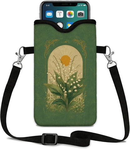 Neoprene Phone Sleeve Pouch Case Bag for Women Men with Crossbody Strap, 7.1x3.9 in, Shockproof Black Cat Mobile Protection Case Bag with Neck Lanyard, Black Cat Garden, Gift for Cats Lovers - Colors B