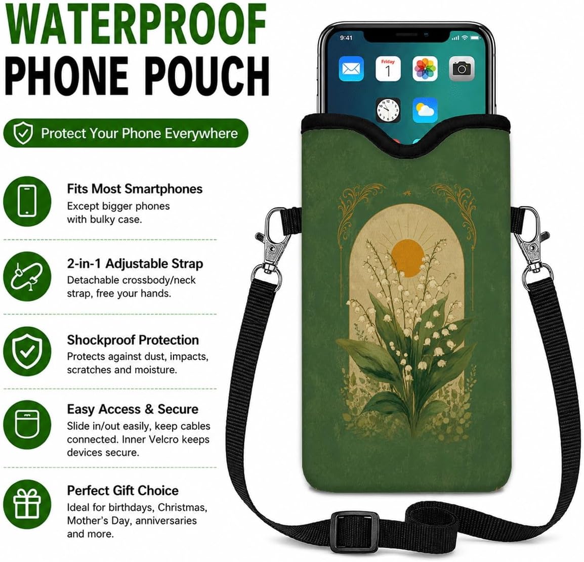Neoprene Phone Sleeve Pouch Case Bag for Women Men with Crossbody Strap, 7.1x3.9 in, Shockproof Black Cat Mobile Protection Case Bag with Neck Lanyard, Black Cat Garden, Gift for Cats Lovers - Colors B
