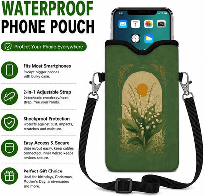 Neoprene Phone Sleeve Pouch Case Bag for Women Men with Crossbody Strap, 7.1x3.9 in, Shockproof Black Cat Mobile Protection Case Bag with Neck Lanyard, Black Cat Garden, Gift for Cats Lovers - Colors B