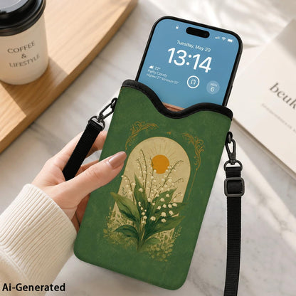 Neoprene Phone Sleeve Pouch Case Bag for Women Men with Crossbody Strap, 7.1x3.9 in, Shockproof Black Cat Mobile Protection Case Bag with Neck Lanyard, Black Cat Garden, Gift for Cats Lovers - Colors B