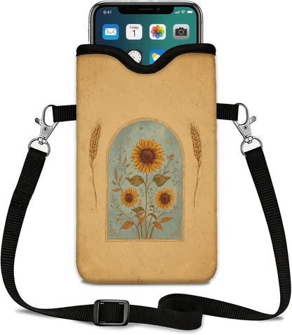 Neoprene Phone Sleeve Pouch Case Bag for Women Men with Crossbody Strap, 7.1x3.9 in, Shockproof Black Cat Mobile Protection Case Bag with Neck Lanyard, Black Cat Garden, Gift for Cats Lovers - Colors B