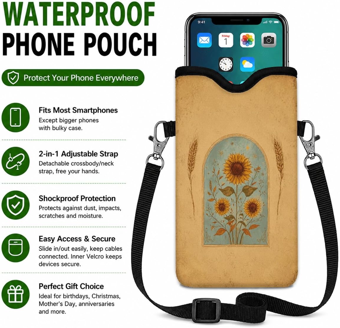 Neoprene Phone Sleeve Pouch Case Bag for Women Men with Crossbody Strap, 7.1x3.9 in, Shockproof Black Cat Mobile Protection Case Bag with Neck Lanyard, Black Cat Garden, Gift for Cats Lovers - Colors B