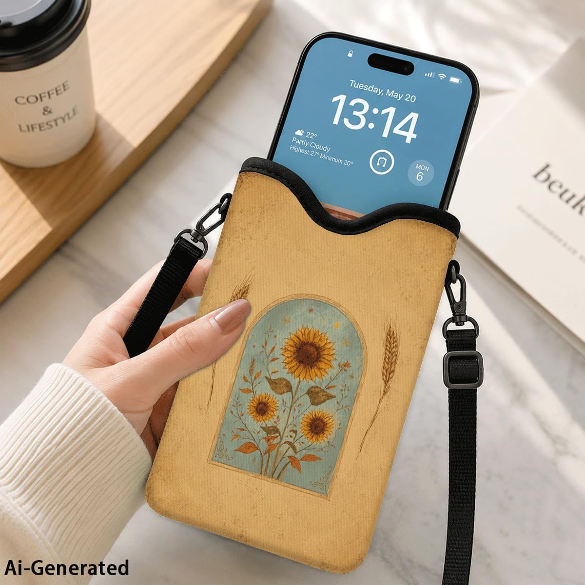 Neoprene Phone Sleeve Pouch Case Bag for Women Men with Crossbody Strap, 7.1x3.9 in, Shockproof Black Cat Mobile Protection Case Bag with Neck Lanyard, Black Cat Garden, Gift for Cats Lovers - Colors B