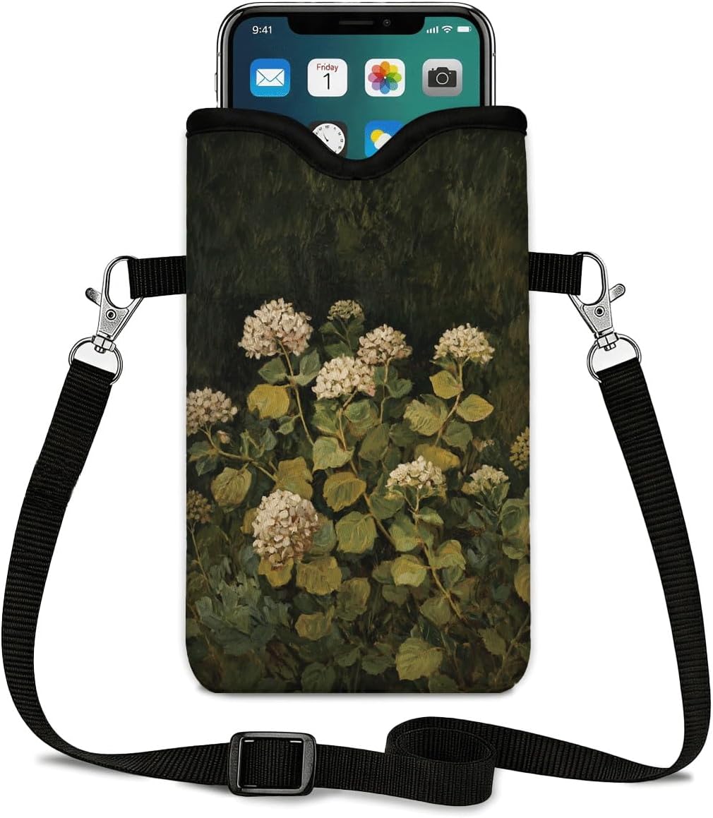 Neoprene Phone Sleeve Pouch Case Bag for Women Men with Crossbody Strap, 7.1x3.9 in, Shockproof Black Cat Mobile Protection Case Bag with Neck Lanyard, Black Cat Garden, Gift for Cats Lovers - Colors B
