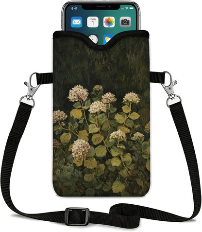 Neoprene Phone Sleeve Pouch Case Bag for Women Men with Crossbody Strap, 7.1x3.9 in, Shockproof Black Cat Mobile Protection Case Bag with Neck Lanyard, Black Cat Garden, Gift for Cats Lovers - Colors B