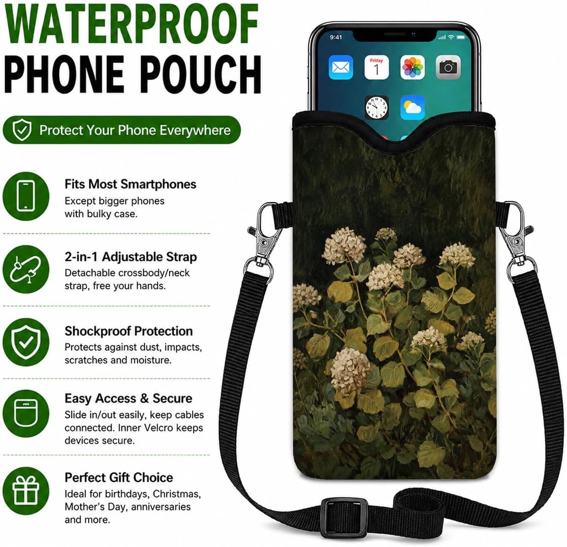 Neoprene Phone Sleeve Pouch Case Bag for Women Men with Crossbody Strap, 7.1x3.9 in, Shockproof Black Cat Mobile Protection Case Bag with Neck Lanyard, Black Cat Garden, Gift for Cats Lovers - Colors B