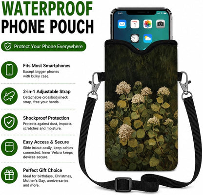 Neoprene Phone Sleeve Pouch Case Bag for Women Men with Crossbody Strap, 7.1x3.9 in, Shockproof Black Cat Mobile Protection Case Bag with Neck Lanyard, Black Cat Garden, Gift for Cats Lovers - Colors B