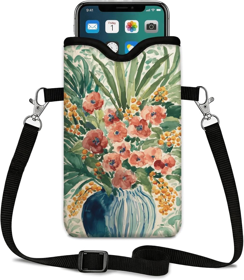Neoprene Phone Sleeve Pouch Case Bag for Women Men with Crossbody Strap, 7.1x3.9 in, Shockproof Black Cat Mobile Protection Case Bag with Neck Lanyard, Black Cat Garden, Gift for Cats Lovers - Colors B