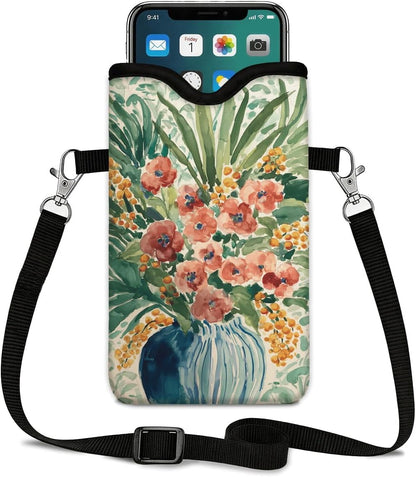 Neoprene Phone Sleeve Pouch Case Bag for Women Men with Crossbody Strap, 7.1x3.9 in, Shockproof Black Cat Mobile Protection Case Bag with Neck Lanyard, Black Cat Garden, Gift for Cats Lovers - Colors B