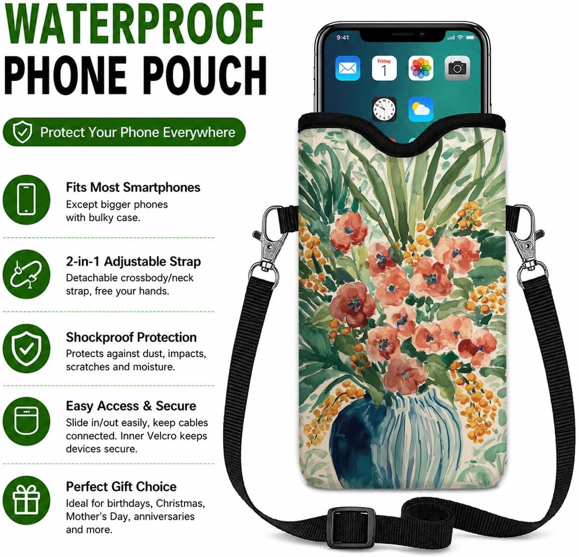 Neoprene Phone Sleeve Pouch Case Bag for Women Men with Crossbody Strap, 7.1x3.9 in, Shockproof Black Cat Mobile Protection Case Bag with Neck Lanyard, Black Cat Garden, Gift for Cats Lovers - Colors B