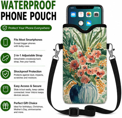 Neoprene Phone Sleeve Pouch Case Bag for Women Men with Crossbody Strap, 7.1x3.9 in, Shockproof Black Cat Mobile Protection Case Bag with Neck Lanyard, Black Cat Garden, Gift for Cats Lovers - Colors B