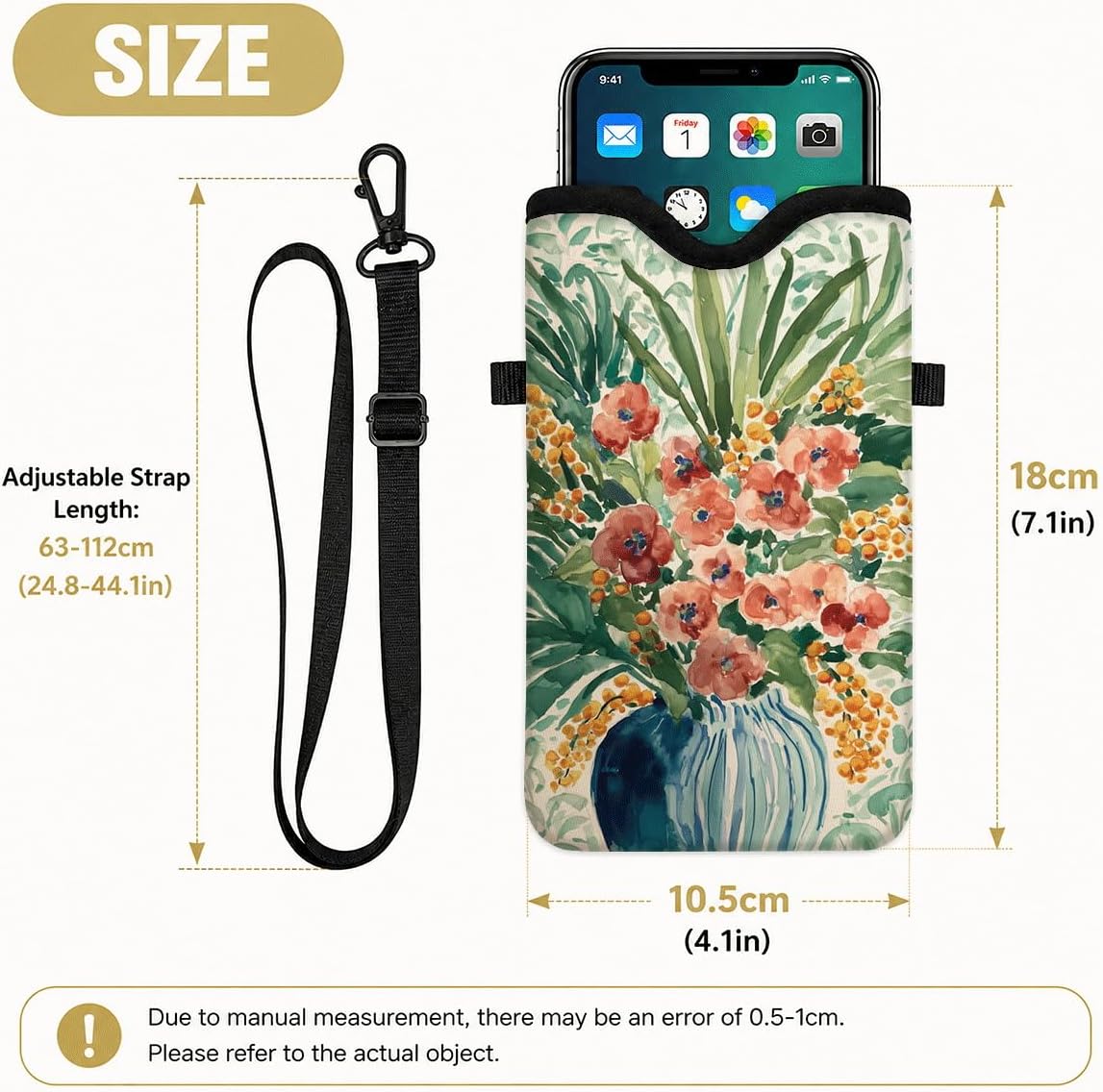 Neoprene Phone Sleeve Pouch Case Bag for Women Men with Crossbody Strap, 7.1x3.9 in, Shockproof Black Cat Mobile Protection Case Bag with Neck Lanyard, Black Cat Garden, Gift for Cats Lovers - Colors B