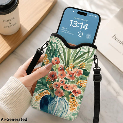 Neoprene Phone Sleeve Pouch Case Bag for Women Men with Crossbody Strap, 7.1x3.9 in, Shockproof Black Cat Mobile Protection Case Bag with Neck Lanyard, Black Cat Garden, Gift for Cats Lovers - Colors B