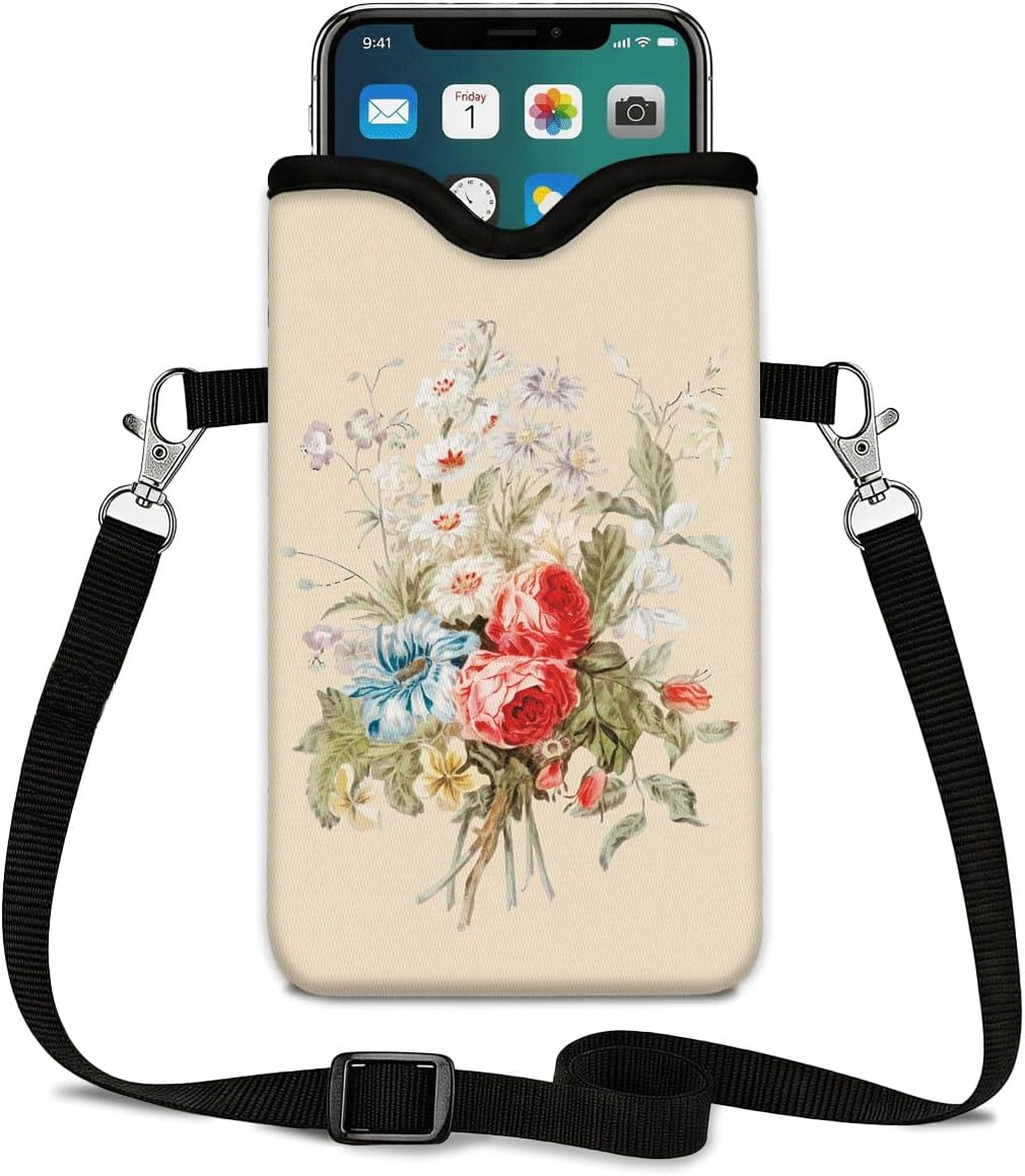 Neoprene Phone Sleeve Pouch Case Bag for Women Men with Crossbody Strap, 7.1x3.9 in, Shockproof Black Cat Mobile Protection Case Bag with Neck Lanyard, Black Cat Garden, Gift for Cats Lovers - Colors B
