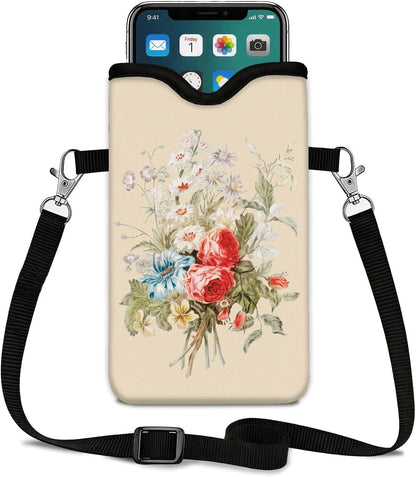 Neoprene Phone Sleeve Pouch Case Bag for Women Men with Crossbody Strap, 7.1x3.9 in, Shockproof Black Cat Mobile Protection Case Bag with Neck Lanyard, Black Cat Garden, Gift for Cats Lovers - Colors B