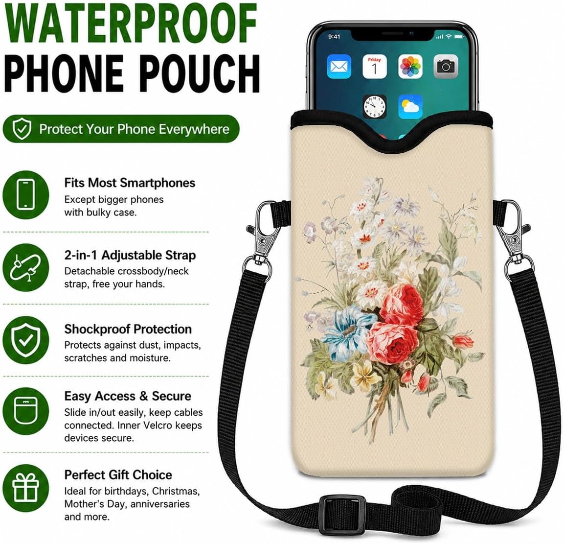 Neoprene Phone Sleeve Pouch Case Bag for Women Men with Crossbody Strap, 7.1x3.9 in, Shockproof Black Cat Mobile Protection Case Bag with Neck Lanyard, Black Cat Garden, Gift for Cats Lovers - Colors B