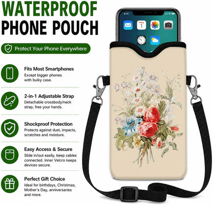 Neoprene Phone Sleeve Pouch Case Bag for Women Men with Crossbody Strap, 7.1x3.9 in, Shockproof Black Cat Mobile Protection Case Bag with Neck Lanyard, Black Cat Garden, Gift for Cats Lovers - Colors B