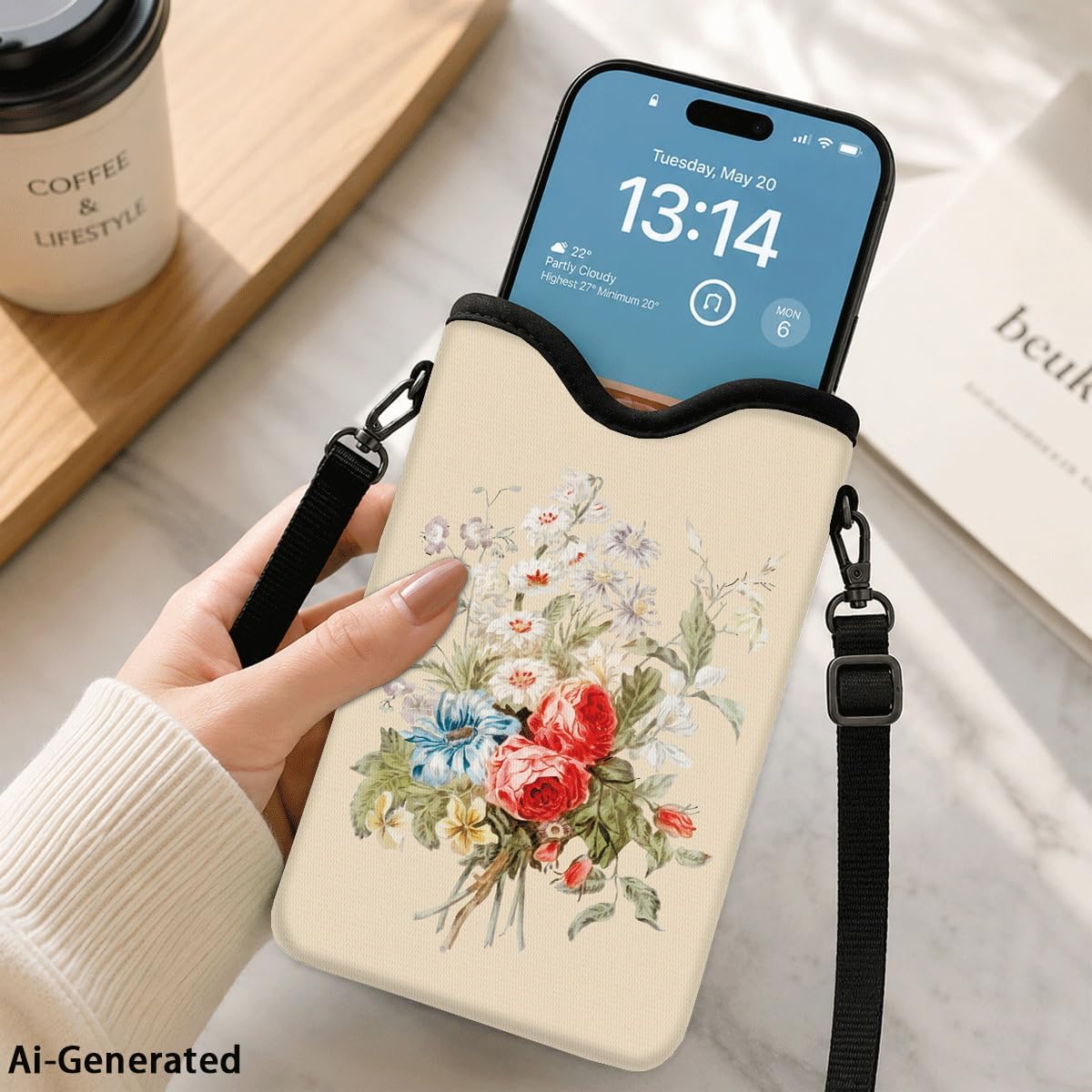 Neoprene Phone Sleeve Pouch Case Bag for Women Men with Crossbody Strap, 7.1x3.9 in, Shockproof Black Cat Mobile Protection Case Bag with Neck Lanyard, Black Cat Garden, Gift for Cats Lovers - Colors B