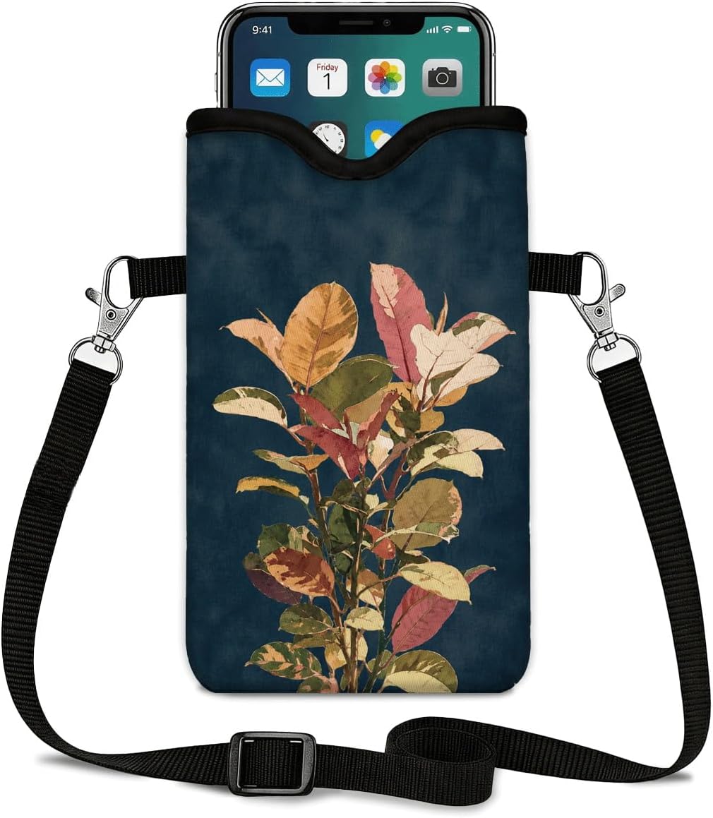 Neoprene Phone Sleeve Pouch Case Bag for Women Men with Crossbody Strap, 7.1x3.9 in, Shockproof Black Cat Mobile Protection Case Bag with Neck Lanyard, Black Cat Garden, Gift for Cats Lovers - Colors B