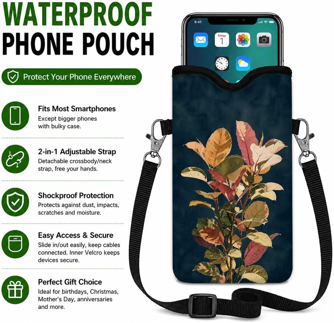 Neoprene Phone Sleeve Pouch Case Bag for Women Men with Crossbody Strap, 7.1x3.9 in, Shockproof Black Cat Mobile Protection Case Bag with Neck Lanyard, Black Cat Garden, Gift for Cats Lovers - Colors B