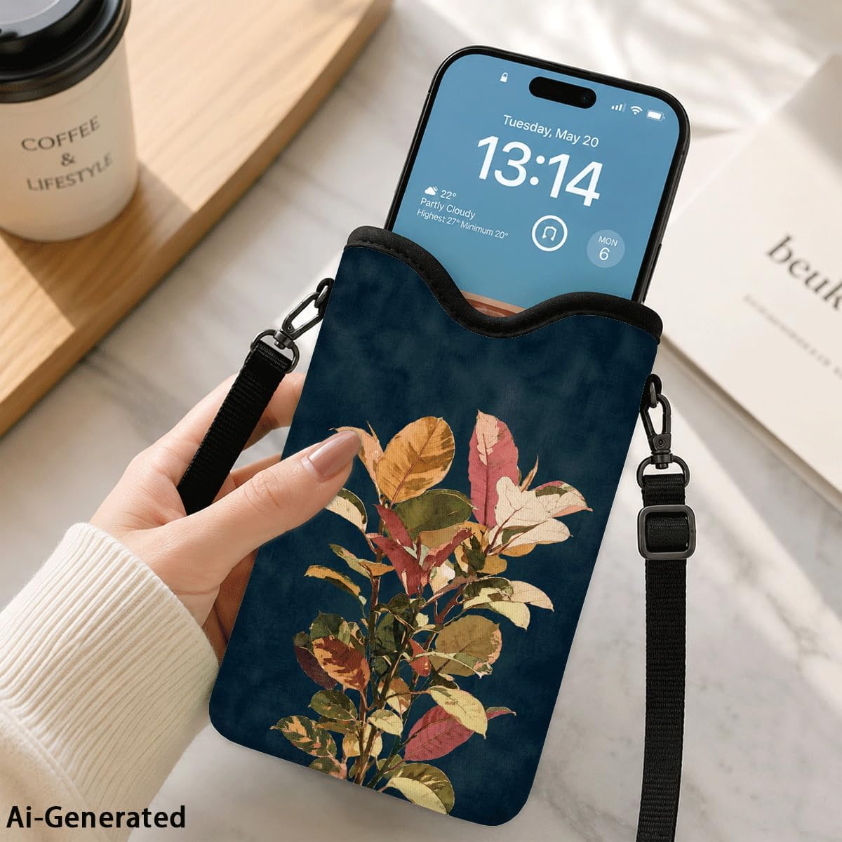 Neoprene Phone Sleeve Pouch Case Bag for Women Men with Crossbody Strap, 7.1x3.9 in, Shockproof Black Cat Mobile Protection Case Bag with Neck Lanyard, Black Cat Garden, Gift for Cats Lovers - Colors B