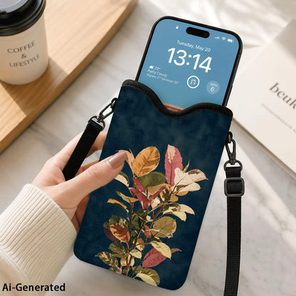 Neoprene Phone Sleeve Pouch Case Bag for Women Men with Crossbody Strap, 7.1x3.9 in, Shockproof Black Cat Mobile Protection Case Bag with Neck Lanyard, Black Cat Garden, Gift for Cats Lovers - Colors B