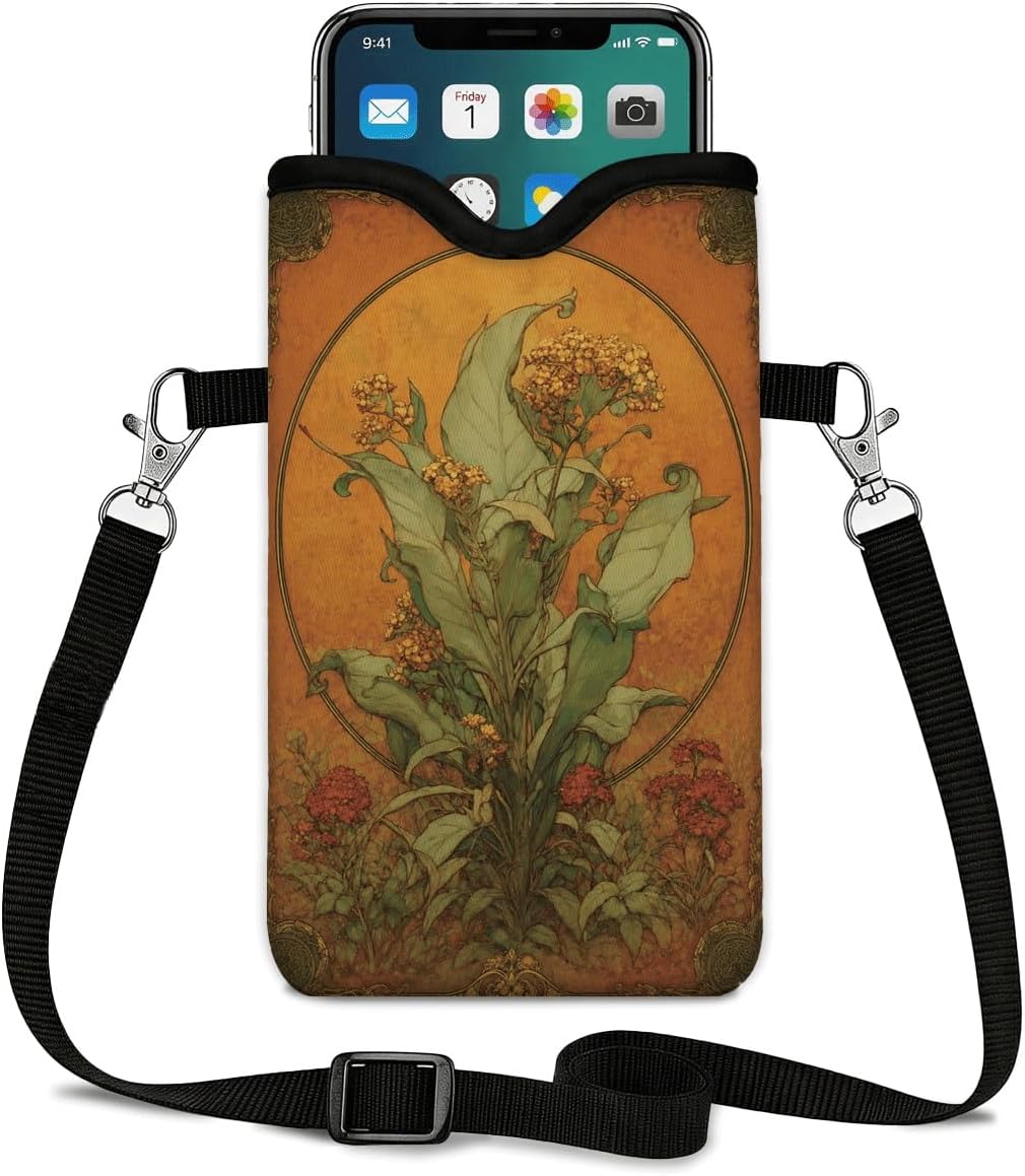 Neoprene Phone Sleeve Pouch Case Bag for Women Men with Crossbody Strap, 7.1x3.9 in, Shockproof Black Cat Mobile Protection Case Bag with Neck Lanyard, Black Cat Garden, Gift for Cats Lovers - Colors B