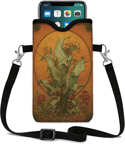 Neoprene Phone Sleeve Pouch Case Bag for Women Men with Crossbody Strap, 7.1x3.9 in, Shockproof Black Cat Mobile Protection Case Bag with Neck Lanyard, Black Cat Garden, Gift for Cats Lovers - Colors B