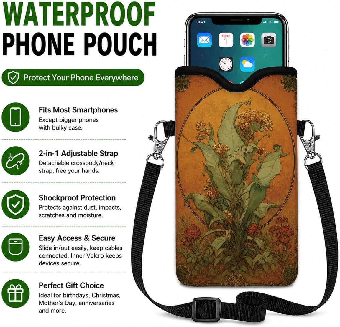 Neoprene Phone Sleeve Pouch Case Bag for Women Men with Crossbody Strap, 7.1x3.9 in, Shockproof Black Cat Mobile Protection Case Bag with Neck Lanyard, Black Cat Garden, Gift for Cats Lovers - Colors B