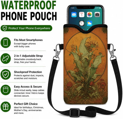 Neoprene Phone Sleeve Pouch Case Bag for Women Men with Crossbody Strap, 7.1x3.9 in, Shockproof Black Cat Mobile Protection Case Bag with Neck Lanyard, Black Cat Garden, Gift for Cats Lovers - Colors B