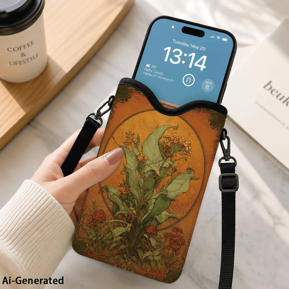 Neoprene Phone Sleeve Pouch Case Bag for Women Men with Crossbody Strap, 7.1x3.9 in, Shockproof Black Cat Mobile Protection Case Bag with Neck Lanyard, Black Cat Garden, Gift for Cats Lovers - Colors B