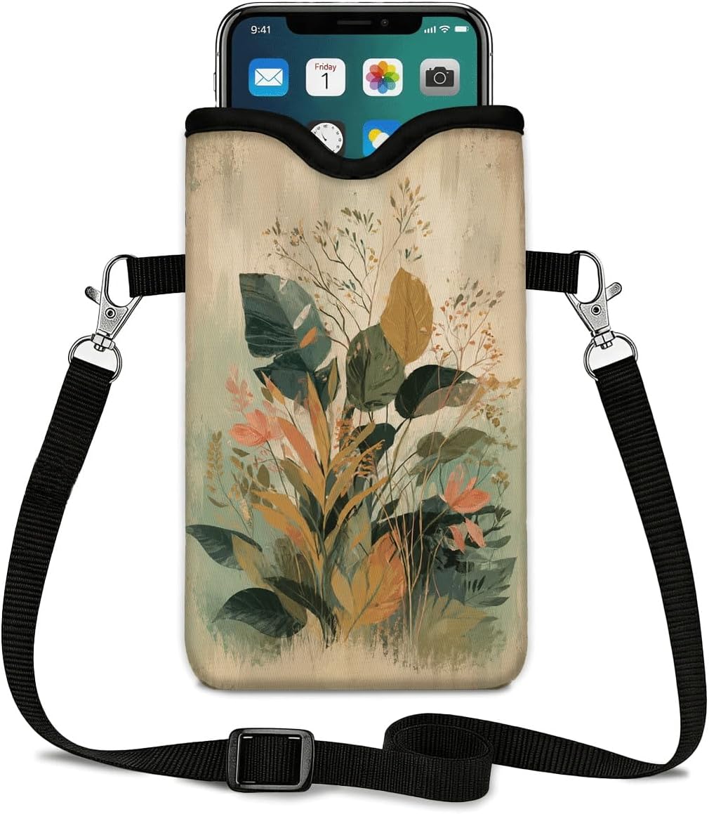 Neoprene Phone Sleeve Pouch Case Bag for Women Men with Crossbody Strap, 7.1x3.9 in, Shockproof Black Cat Mobile Protection Case Bag with Neck Lanyard, Black Cat Garden, Gift for Cats Lovers - Colors B