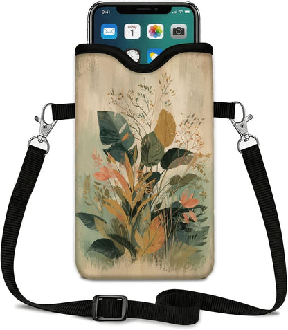 Neoprene Phone Sleeve Pouch Case Bag for Women Men with Crossbody Strap, 7.1x3.9 in, Shockproof Black Cat Mobile Protection Case Bag with Neck Lanyard, Black Cat Garden, Gift for Cats Lovers - Colors B