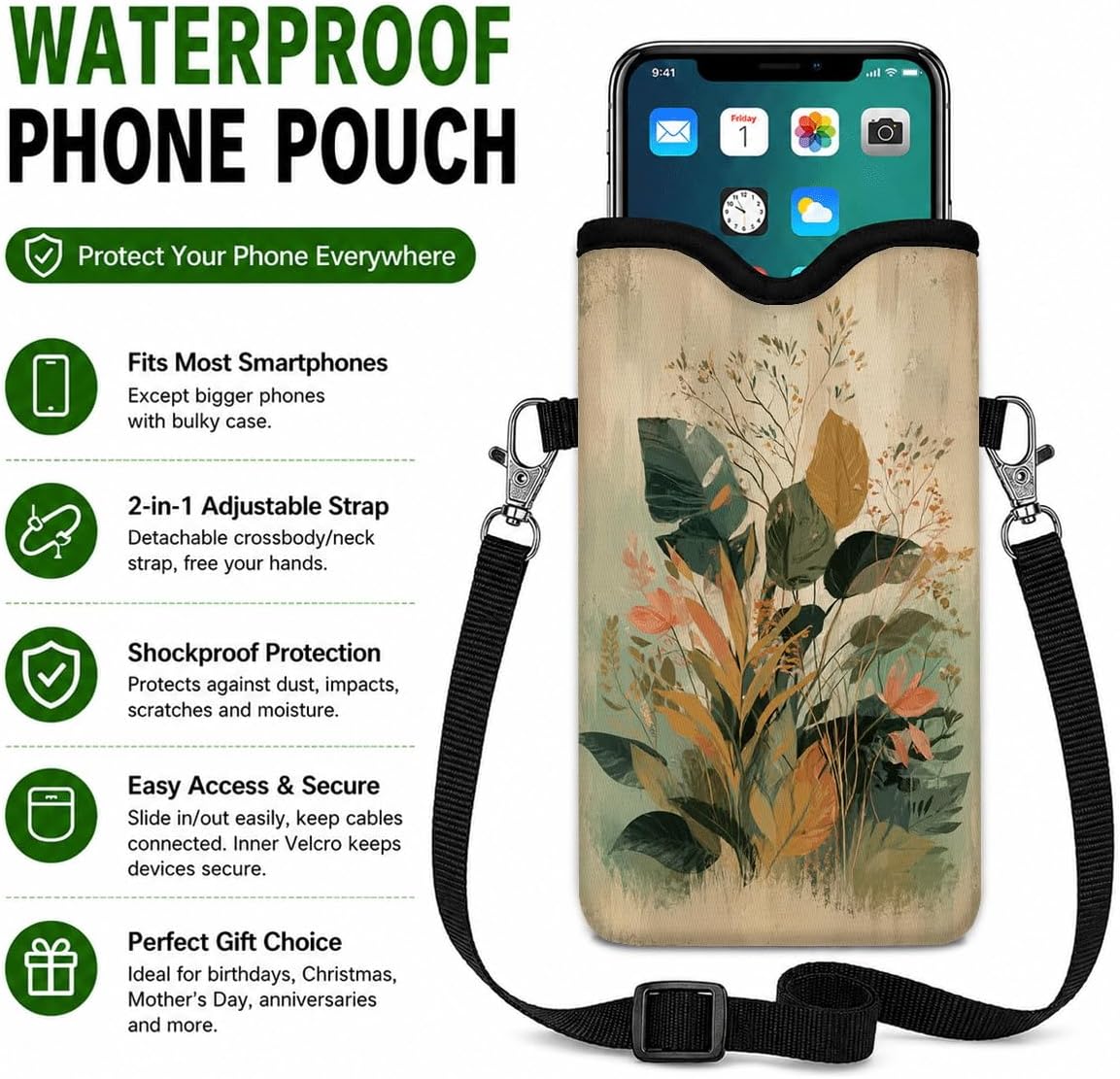 Neoprene Phone Sleeve Pouch Case Bag for Women Men with Crossbody Strap, 7.1x3.9 in, Shockproof Black Cat Mobile Protection Case Bag with Neck Lanyard, Black Cat Garden, Gift for Cats Lovers - Colors B