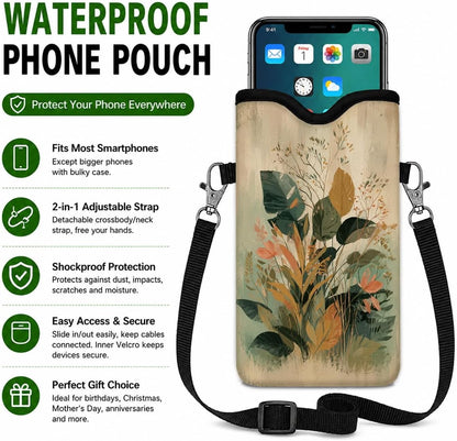 Neoprene Phone Sleeve Pouch Case Bag for Women Men with Crossbody Strap, 7.1x3.9 in, Shockproof Black Cat Mobile Protection Case Bag with Neck Lanyard, Black Cat Garden, Gift for Cats Lovers - Colors B