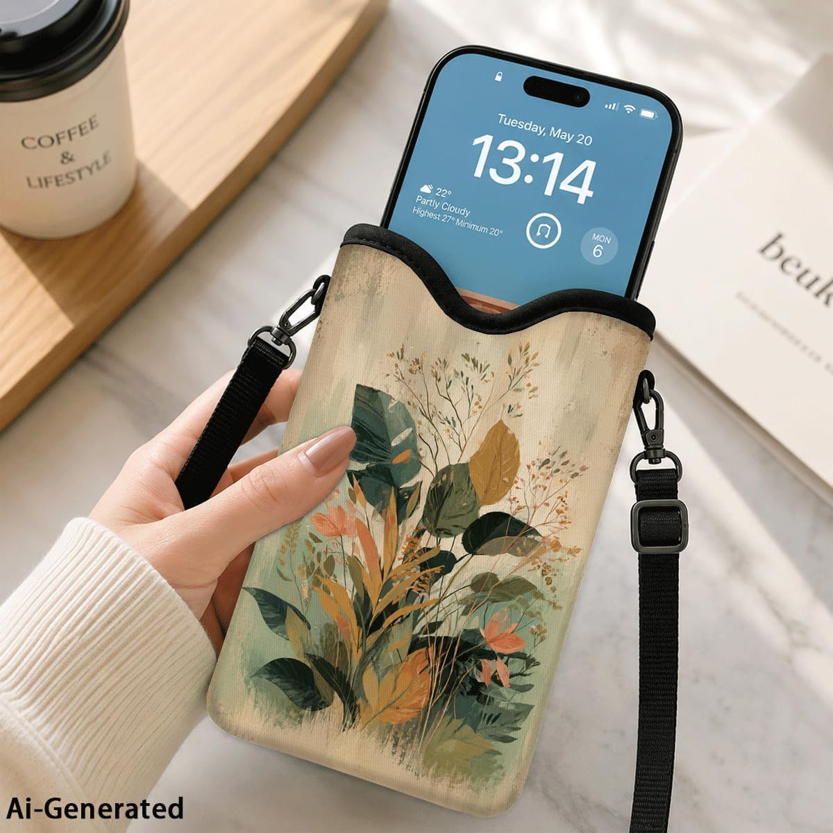 Neoprene Phone Sleeve Pouch Case Bag for Women Men with Crossbody Strap, 7.1x3.9 in, Shockproof Black Cat Mobile Protection Case Bag with Neck Lanyard, Black Cat Garden, Gift for Cats Lovers - Colors B
