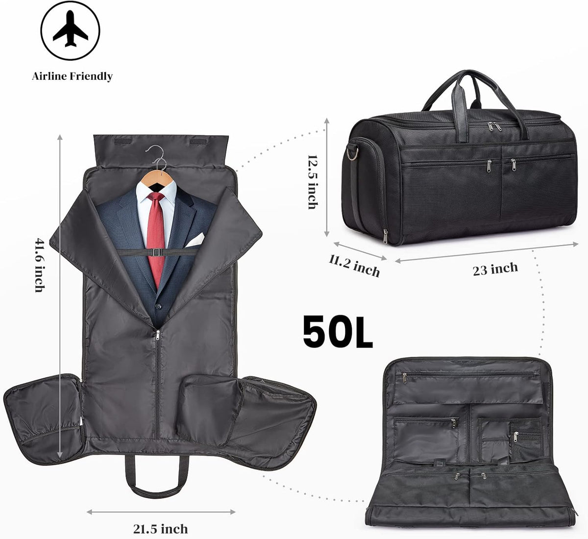 50L Convertible Travel Garment Bag Carry on Garment Duffel Bag for Men Women 2 in 1 Hanging Suitcase Suit Business Travel Bag, Black | 2-in-1 Hanging Suitcase, Waterproof-resistant, Multiple Pockets, Trolley Sleeve, Carry-on size, Black