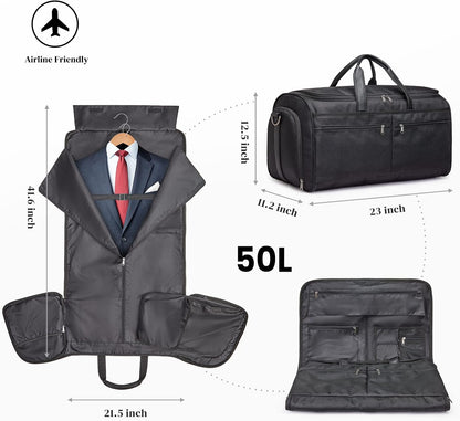 50L Convertible Travel Garment Bag Carry on Garment Duffel Bag for Men Women 2 in 1 Hanging Suitcase Suit Business Travel Bag, Black | 2-in-1 Hanging Suitcase, Waterproof-resistant, Multiple Pockets, Trolley Sleeve, Carry-on size, Black