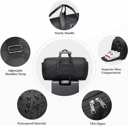 50L Convertible Travel Garment Bag Carry on Garment Duffel Bag for Men Women 2 in 1 Hanging Suitcase Suit Business Travel Bag, Black | 2-in-1 Hanging Suitcase, Waterproof-resistant, Multiple Pockets, Trolley Sleeve, Carry-on size, Black