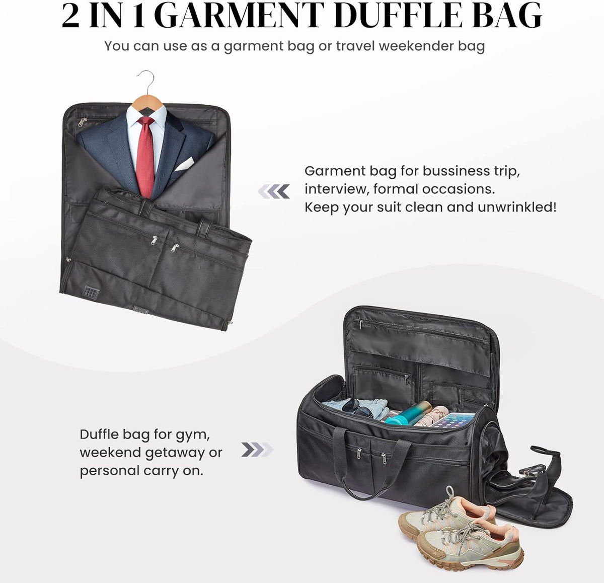 50L Convertible Travel Garment Bag Carry on Garment Duffel Bag for Men Women 2 in 1 Hanging Suitcase Suit Business Travel Bag, Black | 2-in-1 Hanging Suitcase, Waterproof-resistant, Multiple Pockets, Trolley Sleeve, Carry-on size, Black