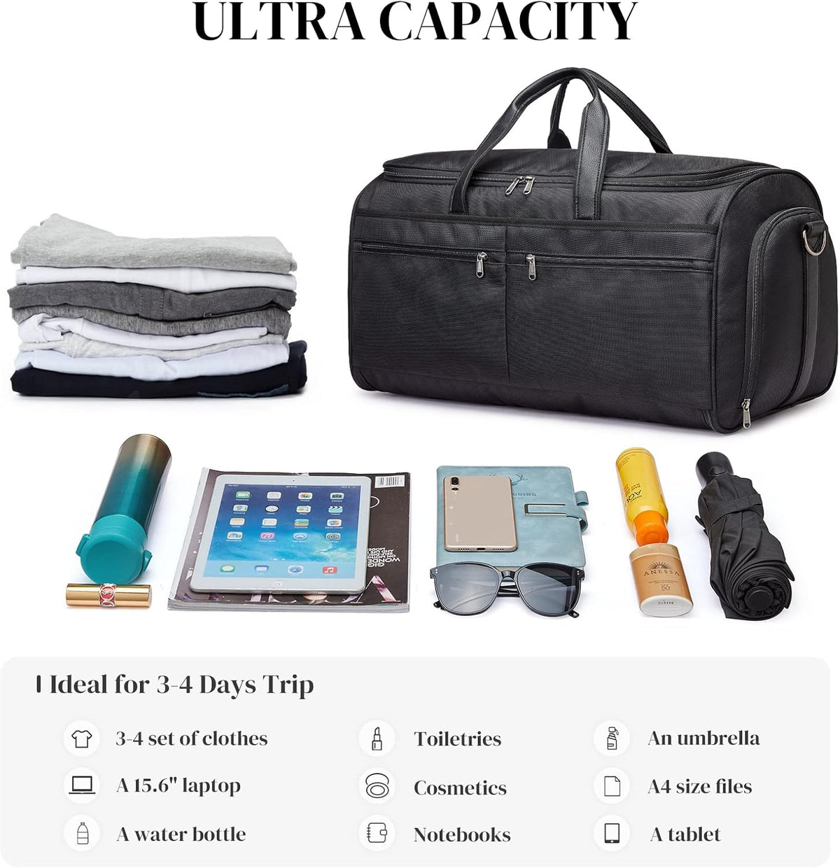 50L Convertible Travel Garment Bag Carry on Garment Duffel Bag for Men Women 2 in 1 Hanging Suitcase Suit Business Travel Bag, Black | 2-in-1 Hanging Suitcase, Waterproof-resistant, Multiple Pockets, Trolley Sleeve, Carry-on size, Black