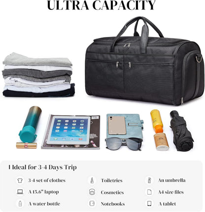 50L Convertible Travel Garment Bag Carry on Garment Duffel Bag for Men Women 2 in 1 Hanging Suitcase Suit Business Travel Bag, Black | 2-in-1 Hanging Suitcase, Waterproof-resistant, Multiple Pockets, Trolley Sleeve, Carry-on size, Black