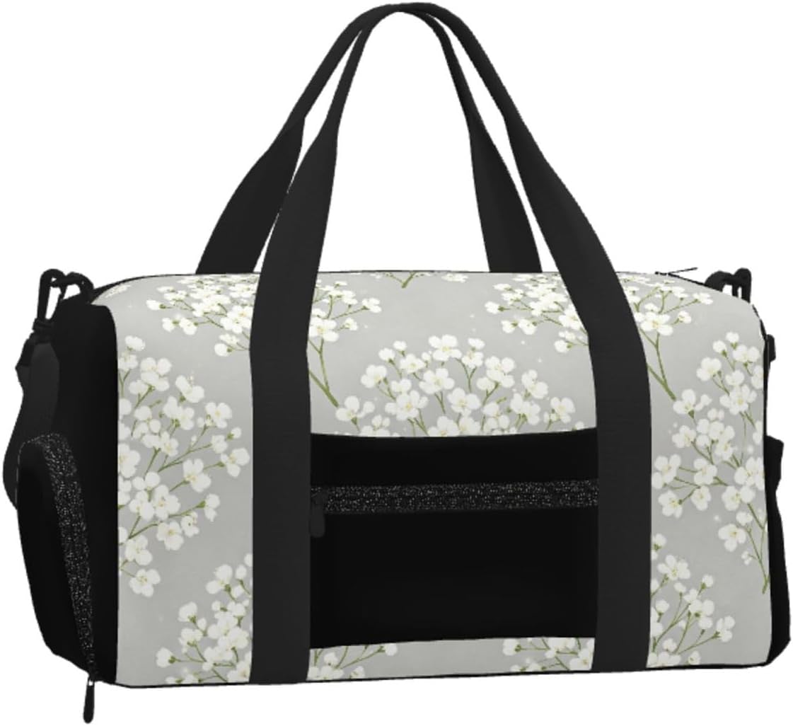 White Flower Duffel Bag with Shoe Compartment-Sports Gym Weekender for Men Women, Waterproof Travel Tote with Wet Pocket for Dirty Shoes